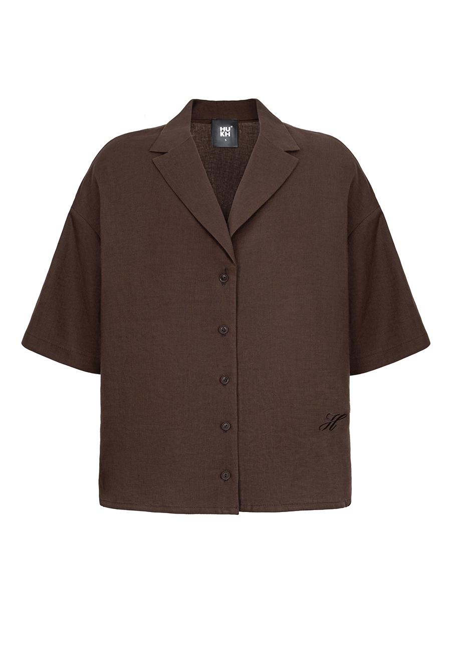 Shirt sleeve linen shirt in brown / 6