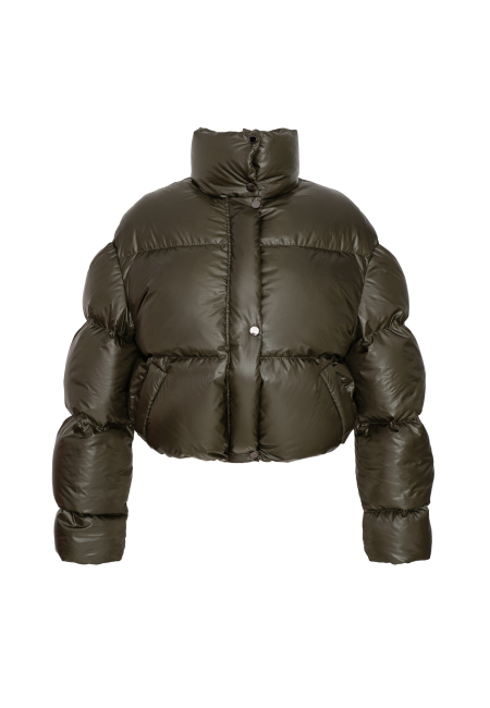 Glossy cropped puffer in khaki / 7