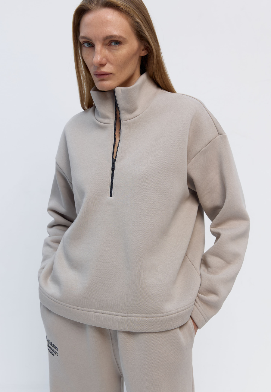 Zip-up polo sweatshirt in greige / 0
